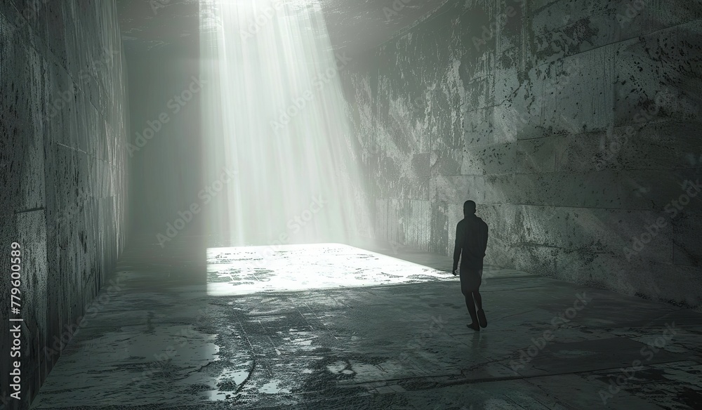 Mysterious silhouette of a man walking towards light in a dark corridor ...