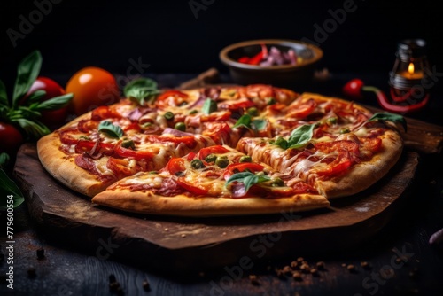 Tempting pizza on a rustic plate against a dark background