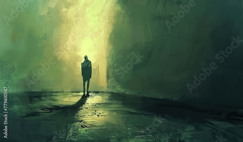 Mysterious silhouette walking in a misty urban scene