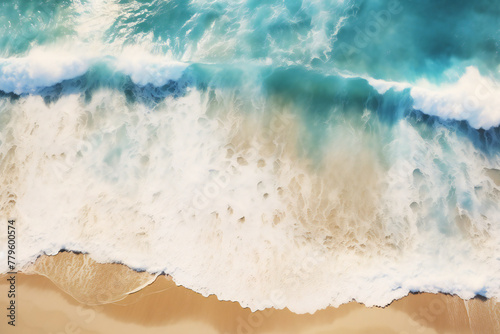 Aerial View of Turquoise Waves Crashing on a Golden Sandy Beach