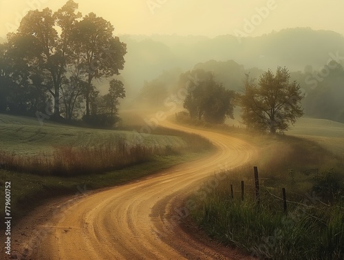 A road with trees in the background and a foggy sky