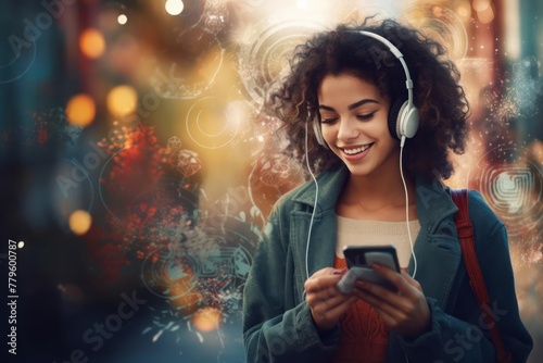 Smiling woman in headphones holding smartphone in hands