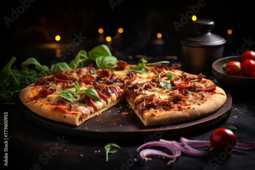 Tempting pizza on a rustic plate against a dark background