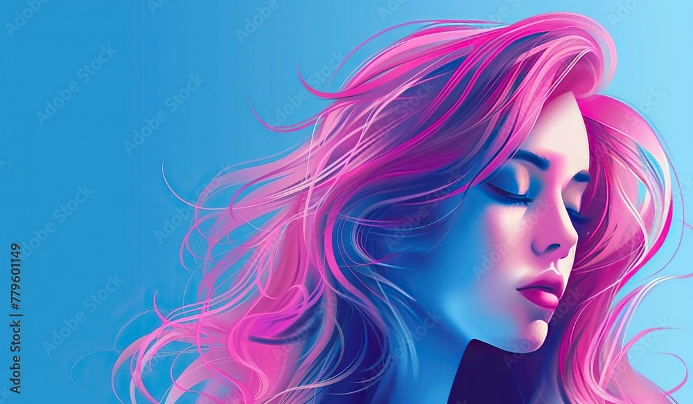 Woman with vibrant pink hair on a blue background Woman with vibrant pink hair on a blue background