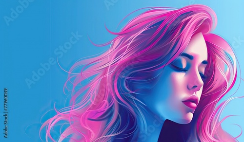 Woman with vibrant pink hair on a blue background