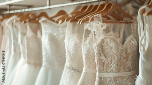 Bridal gowns on hangers in a shop. Indoor retail display of wedding dresses.