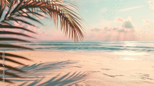Summer beach backdrop with palm tree shadow, abstract 3D scene. View of the sea. photo