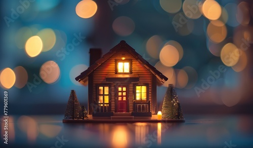 Cozy miniature house with warm glowing lights and festive decorations