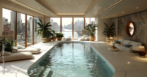 A modern indoor pool with beige walls and white tiles, in the background you can see New York City through large windows. Created with Ai © Visual