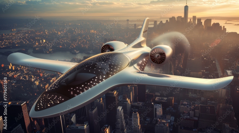 Futuristic Air Taxi Flying Over City at Sunset Futuristic Air Taxi Flying Over City at Sunset