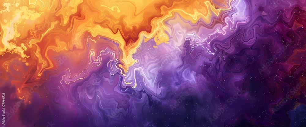 Vivid marigold and cosmic purple mingle, painting an abstract dreamscape of otherworldly beauty.
