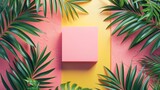 For cosmetic product display on a summer vivid color background with tropical palm leaves. Flat lay. Top view. 3D render.