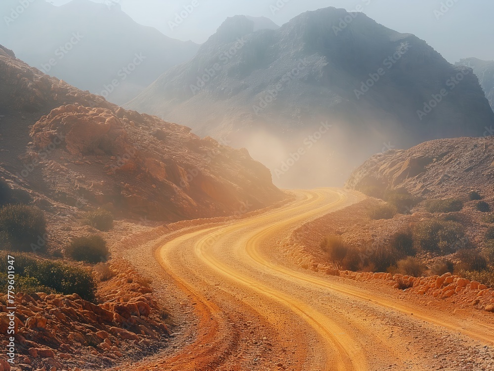 A dirt road winds through a desert landscape. The sun is setting, casting a warm glow over the scene. The road is narrow and winding, with a few rocks scattered along the way