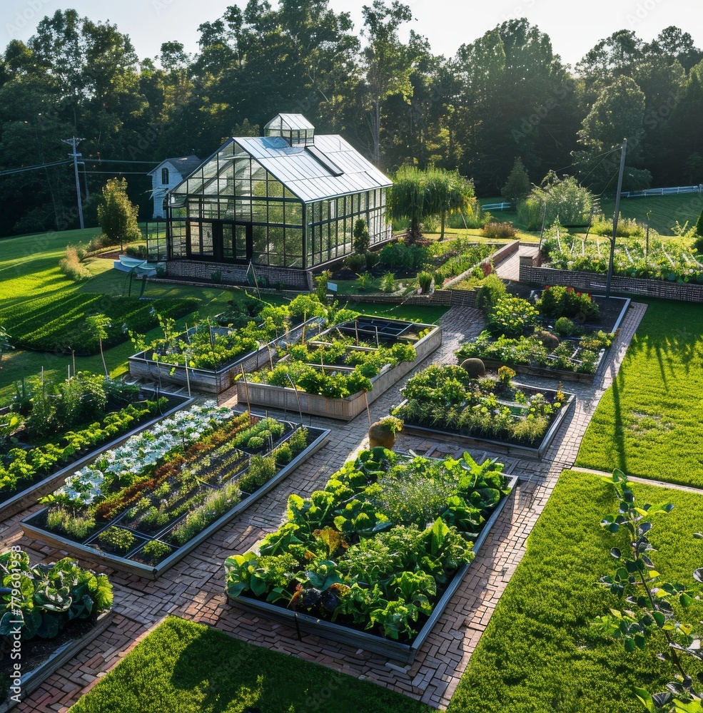 The tranquil beauty of a well-kept organic garden featuring diverse plant beds and an elegant greenhouse in a peaceful setting