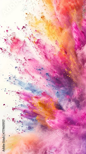 Vivid colors explode in a dynamic cloud of powder on a light background