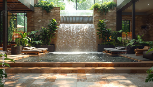 A photograph shows an indoor waterfall in the hotel's courtyard, cascading down from three stories tall into a pool surrounded by lush greenery and exotic plants. Created with Ai