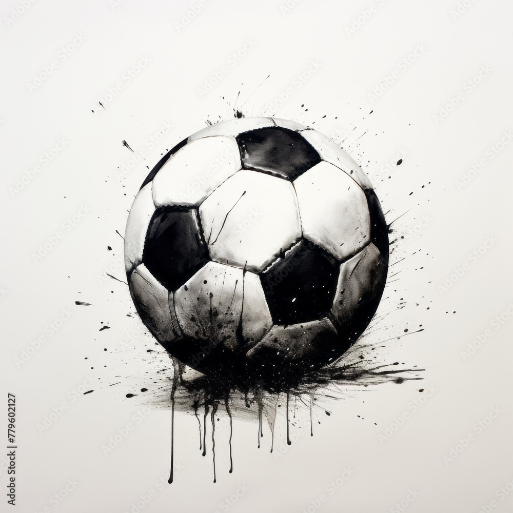 Artistic black and white soccer ball drawing on white background