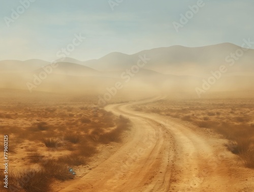 A dusty road winds through a desert. The sky is clear and the sun is shining. The road is empty and there is no one in sight