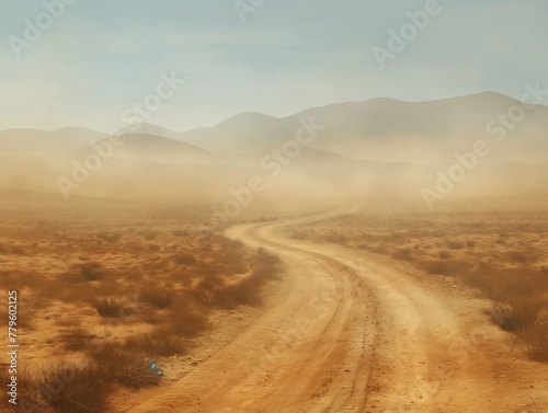 Obraz na płótnie A dusty road winds through a desert. The sky is clear and the sun is shining. The road is empty and there is no one in sight w salonie