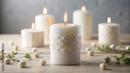 Composition of white burning candles in Scandinavian style, delicate pastel shades.