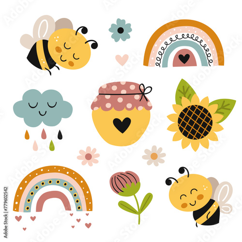 set isolated with cute bees, honey pot, flowers,rainbow, sunflower