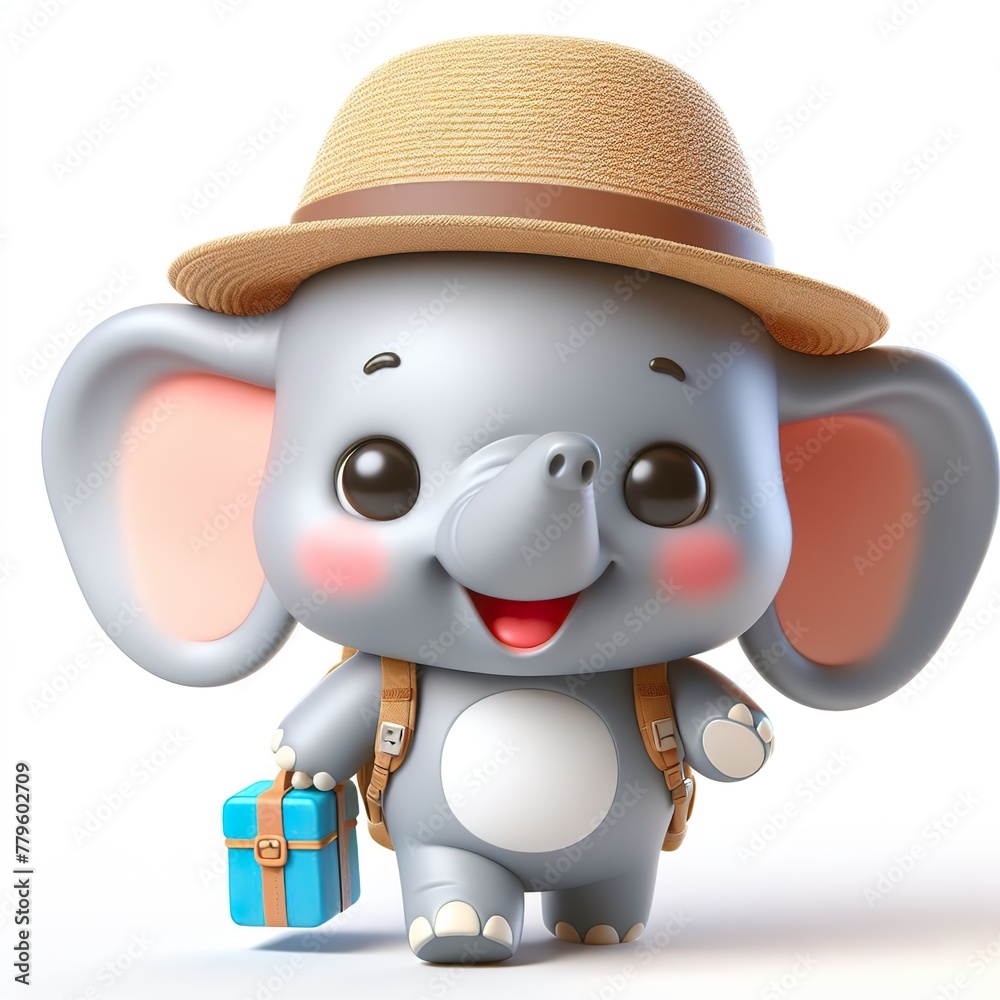 Fototapeta premium Cute character 3D image of A elephant is wearing a hat and carrying a backpack on the way to school, funny, smile, happy white background