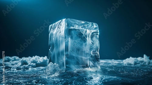 The cold, textured surface of an ice block stands out on a deep blue background, embodying winter
