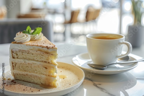 Delicious milk cake on white marble table in coffee shop dessert concept selective focus photo