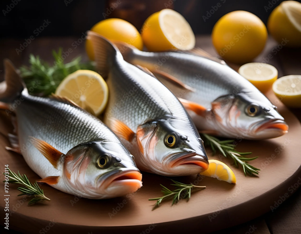 Fresh fish with lemon on a wooden board