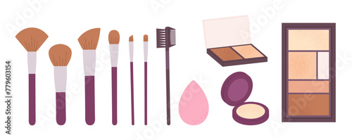 Face contouring cosmetics tools and equipment. Brushes, highlighter and powder, blush and sponge. Vector collection for fashion makeup