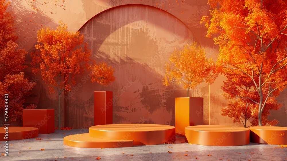Fototapeta premium Landscape scene in the autumn with a podium background in 3D.