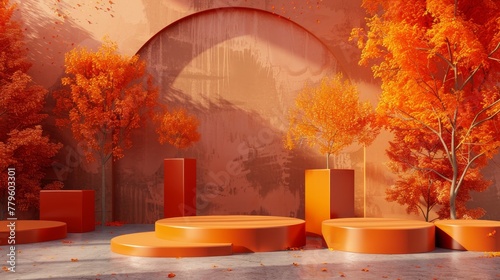 Landscape scene in the autumn with a podium background in 3D.