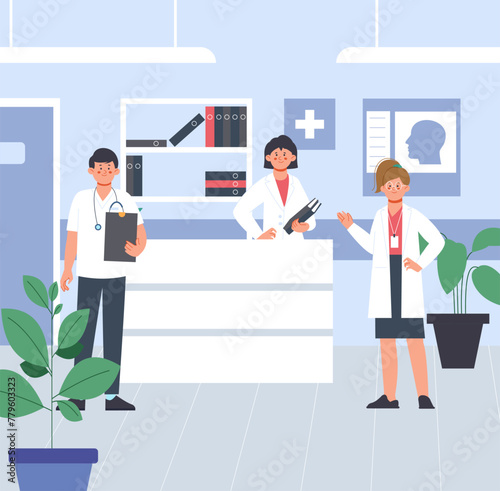 Hospital team in clinic. Medical staff on reception, happy doctors, administrator and nurse with folders. Ambulance office, cartoon healthcare vector scene
