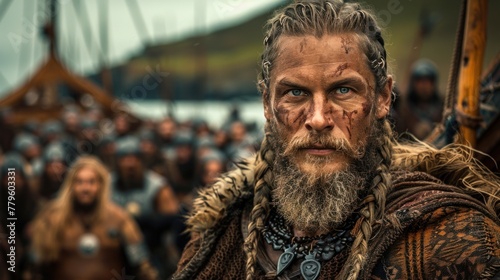 Norwegian Viking men dressed in typical warrior clothing, with a close-up of the king-leader in the center of the image. An impressive portrait of a fantastic, bold character and intricate detail.