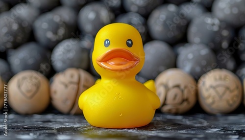 Lead to success, yellow rubber duck look for strategy to win business concept,
