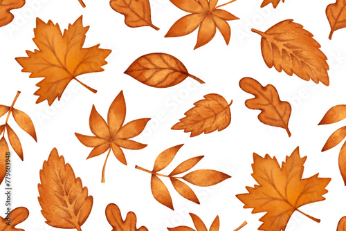 Fall autumn leaves seamless pattern, nature orange background