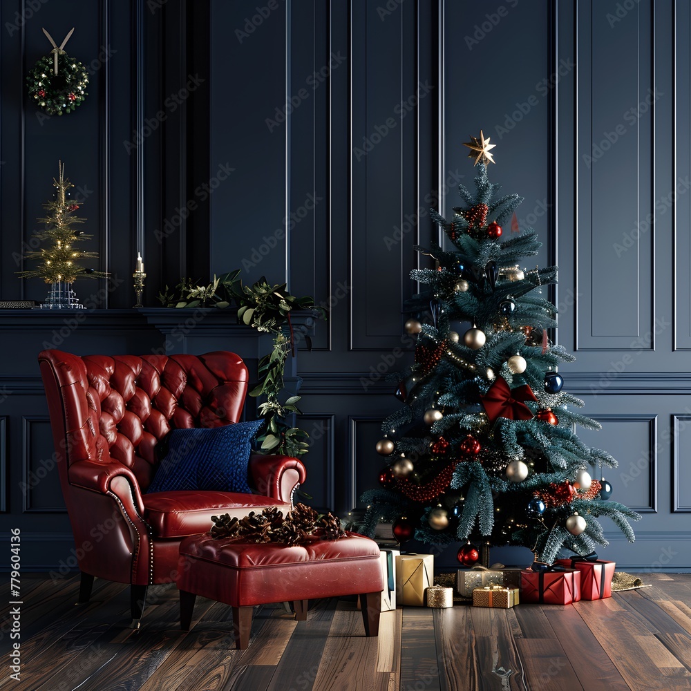 Midnight Elegance: Enchanting Dark Blue Living Room with Festive Christmas Tree and Luxurious Red Leather Armchair