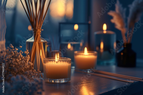 Candles and reed diffusers for an aromatherapy session photo