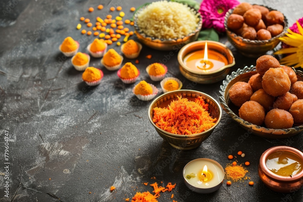 Diwali background with traditional sweets and flowers Assorted Indian desserts and festive decorations Festive table with space for text