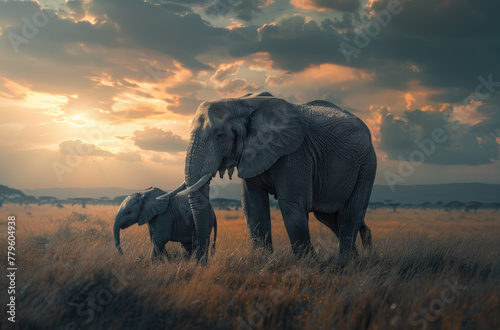 A mother elephant with her calf in the African savannah