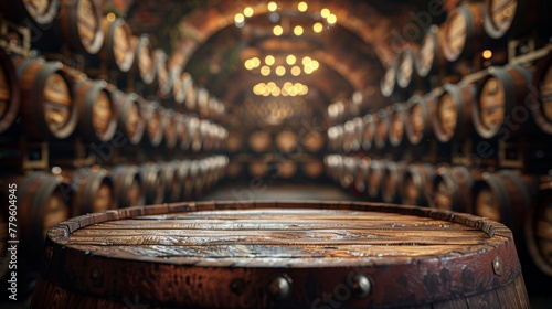 Vintage wine cellar with oak barrels photo