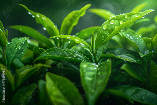 close up Green tea leaf shoots, Background morning light