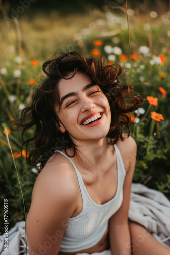 Charming woman sits amidst a field of colorful flowers, smiling happily under the bright sun photo