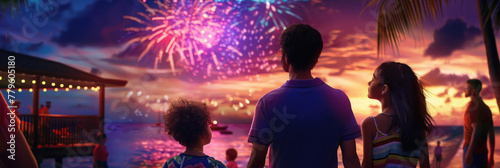 A family of four, including parents and two children, standing on a sandy beach at night, gazing up at colorful fireworks bursting in the dark sky