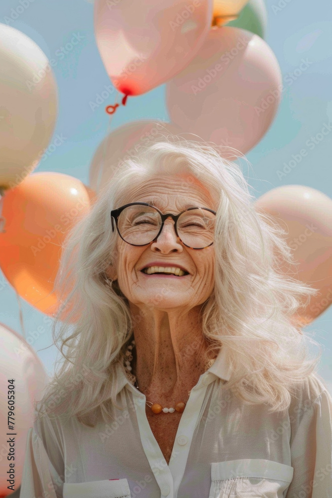 A joyful senior woman with glasses smiles broadly, surrounded by pastel balloons against a clear blue sky