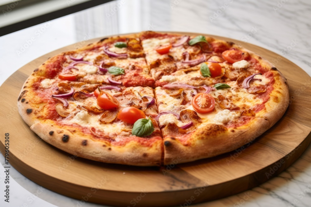 Tempting pizza on a marble slab against a whitewashed wood background