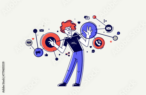 Creative worker doing some job and creating some system, inspired inventive designer or engineer composing abstract elements, vector outline illustration.