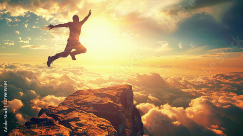 A man leaps off a rocky cliff, soaring through the clear blue sky with arms outstretched in a thrilling freefall photo