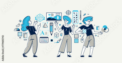 Graphic designers team working on some creative project vector outline illustration, inspired digital artists doing some visual job on pc software, composing and editing.