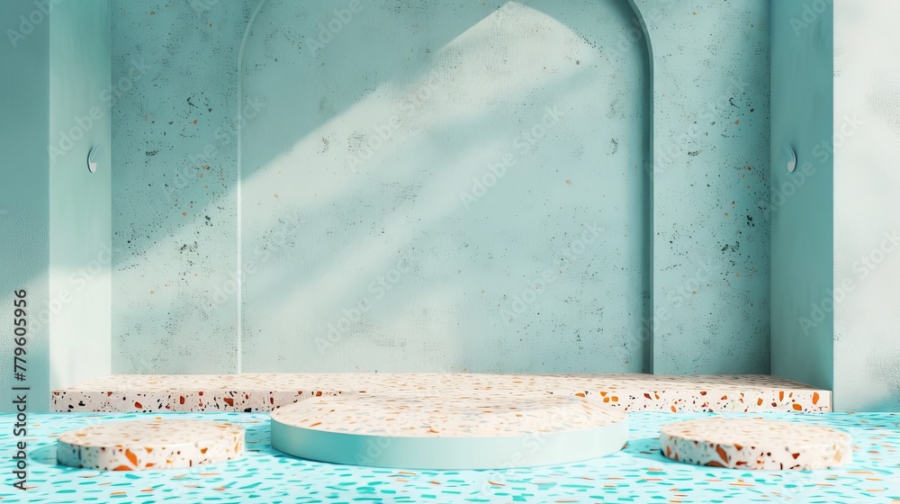 A 3D rendered empty cylinder podium with a pool background and terrazzo floor.